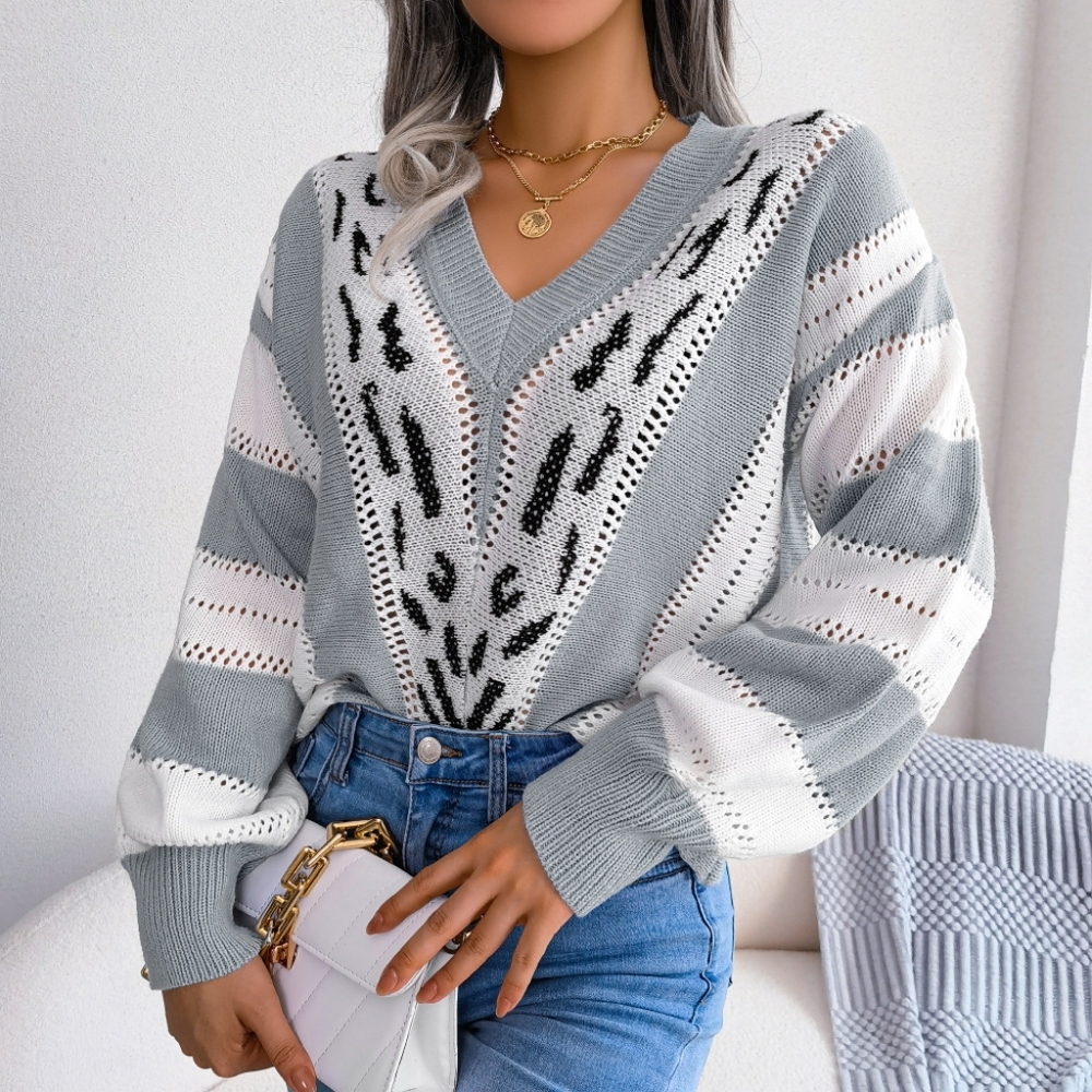 Striped Leopard Print V-Neck Balloon Sleeve Sweater - Picture 12 of 12